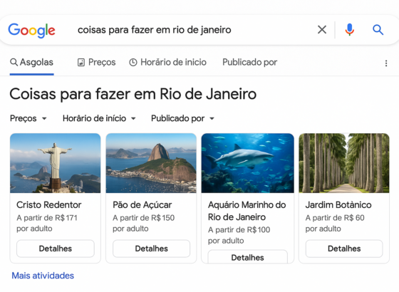 na imagem, vemos um print da interface da ferramenta google things to do, cja pesquisa é sobre o que fazer na cidade do rio de janeiro. a imagem foi gerada por IA.