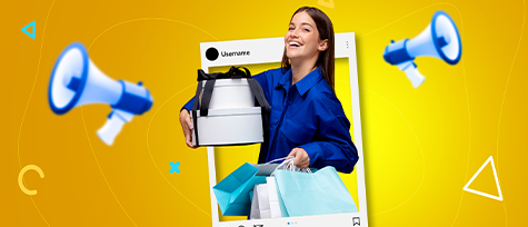 na imagem, vemos uma mulher segurando caixas de presente. ao fundo, um fundo amarelo. a imagem faz referencia ao modo de como divulgar uma loja virtual de turismo na internet.
