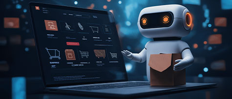 na imagem, vemos um robo e uma tela de \computador. a imagem representa o uso da IA para venda online de passeios.