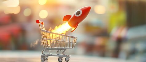 na imagem, vemos um foguete na cor laranja e um carrinho de compras. a imagem ilustra o conteúdo sobre dicas de como atrair mais reservas online para lojas de turismo.