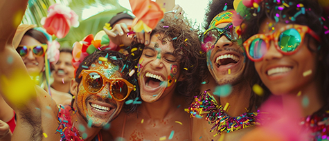 a imagem mostra um grupo de pessoas vestindo roupas coloridas, sorridentes e felizes, celebrando o carnaval. a imagem ilustra o conteudo sobre como vender mais passeios durante o carnaval.