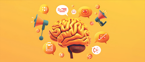 na imagem, vemos uma ilustração de um cérebro com ícones relativos à práticas da internet. a imagem refere-se ao uso de gatilhos mentais no marketing.